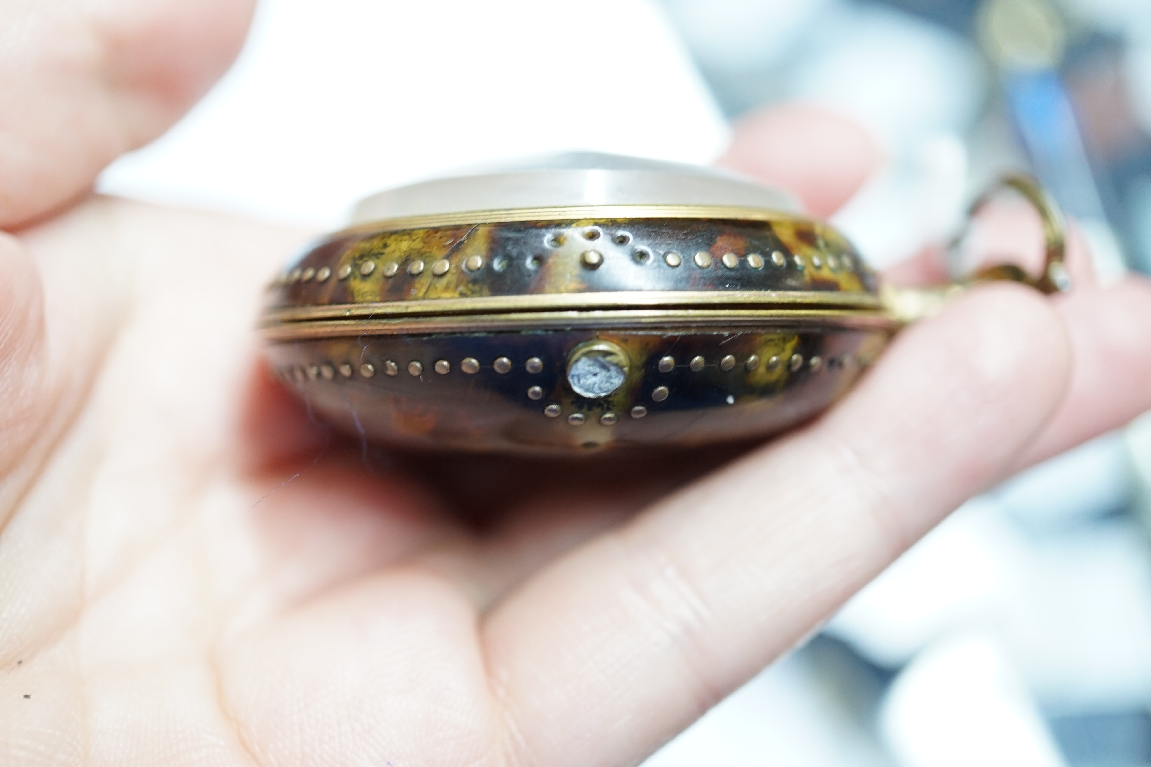 A George III pair cased gold plated keywind verge pocket watch, with a tortoiseshell outer case, by John Rentnow, London